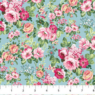 Tea for Two Floral Multi Blue Background 24897-44 Cotton Quilting Fabric 1/2 YARD