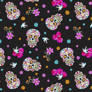 Day of the Dead Folkloric Skulls Silver Glitter Highlights Cotton Quilting Fabric 1/2 YARD