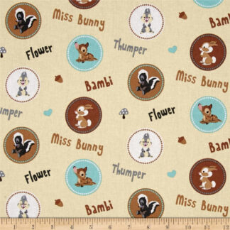 Disney Bambi Happy Together Badges Tan Cotton Quilting Fabric 1/2 YARD