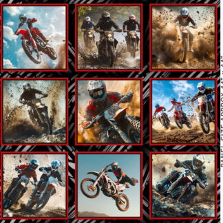 Throttle Thrills Motorbikes Block Collage 4081D Cotton Quilting Fabric X Large Panel