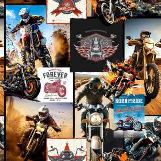 Throttle Thrills Motorbikes Motor Bits Collage 4081E Cotton Quilting Fabric 1/2 YARD